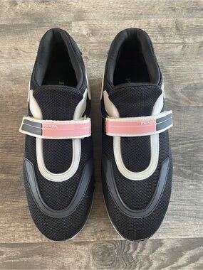 Prada Black Mesh Sneakers with Pink Strap and White Trim 👛